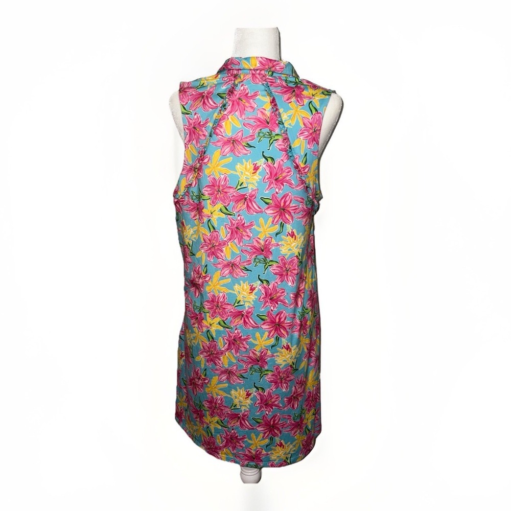 Gottex Turquoise Sleeveless Floral Shift Dress with Pink and Yellow Blooms - Picture 5 of 7